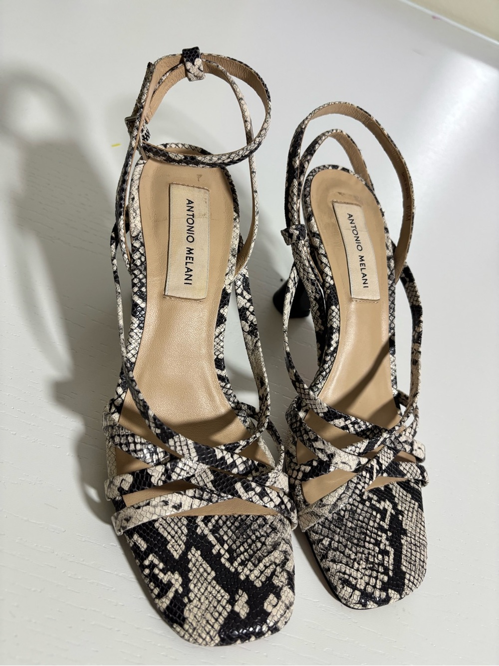 ANTONIO MELANI Black & Cream Snake-Print Strappy Heels